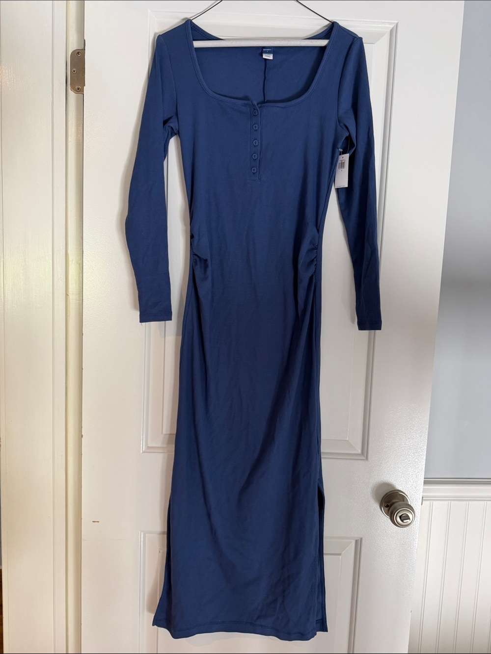 Old Navy Maternity Blue Long Sleeve Henley Button-Front Ribbed Maxi Dress